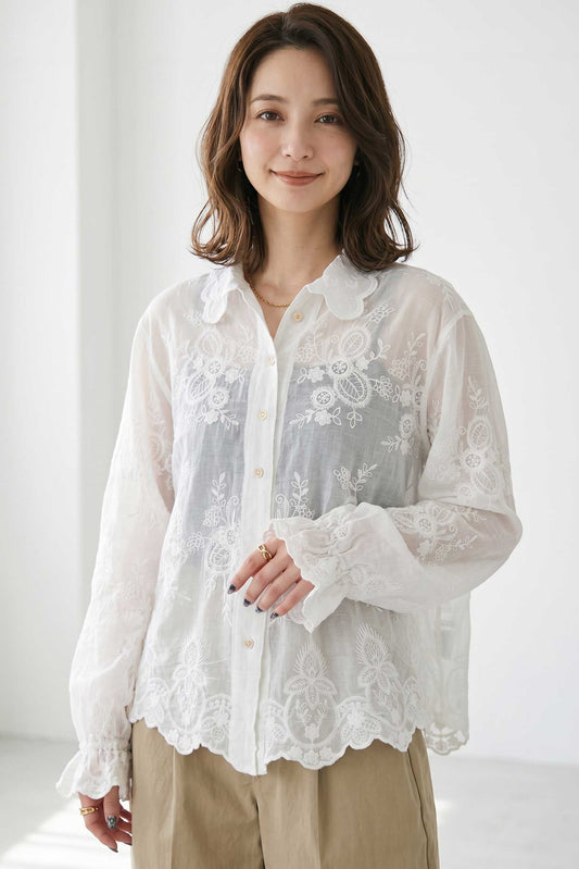 綿100% お花柄 総刺繍 シアー ブラウス 長袖 襟付き ゆったり 体型カバー 羽織り