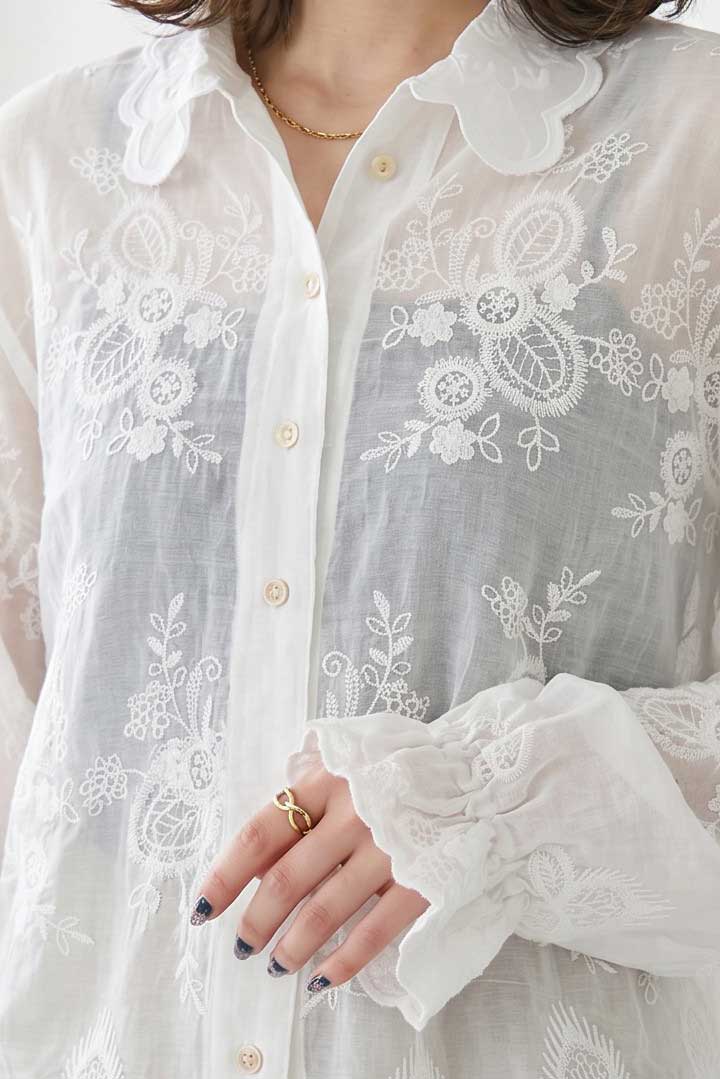 綿100% お花柄 総刺繍 シアー ブラウス 長袖 襟付き ゆったり 体型