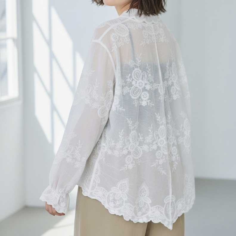 綿100% お花柄 総刺繍 シアー ブラウス 長袖 襟付き ゆったり 体型