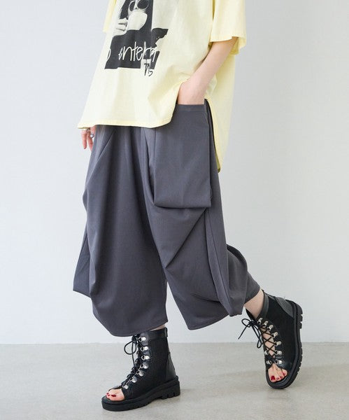 ワイドパンツ 綿混 ウエストゴム ギャザー リラックス ゆったり 体型カバー 秋 冬 M L