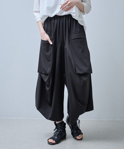 ワイドパンツ 綿混 ウエストゴム ギャザー リラックス ゆったり 体型カバー 秋 冬 M L