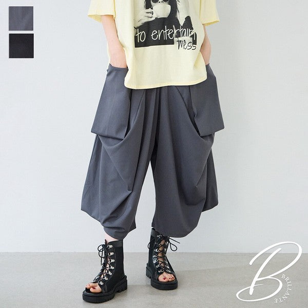 ワイドパンツ 綿混 ウエストゴム ギャザー リラックス ゆったり 体型カバー 秋 冬 M L