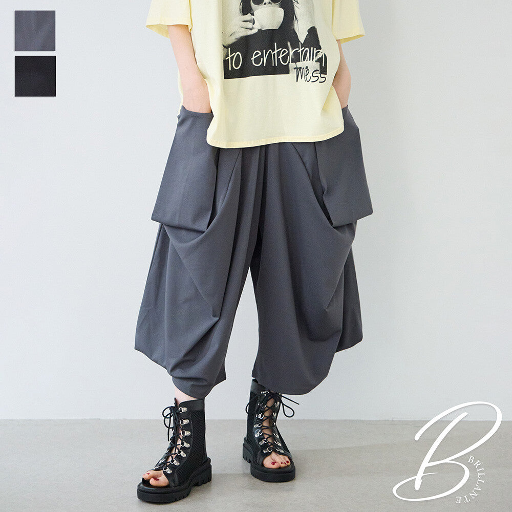 ワイドパンツ 綿混 ウエストゴム ギャザー リラックス ゆったり 体型カバー 秋 冬 M L