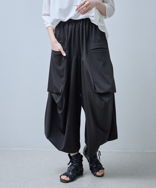 ワイドパンツ 綿混 ウエストゴム ギャザー リラックス ゆったり 体型カバー 秋 冬 M L