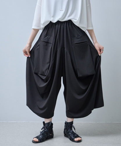ワイドパンツ 綿混 ウエストゴム ギャザー リラックス ゆったり 体型カバー 秋 冬 M L