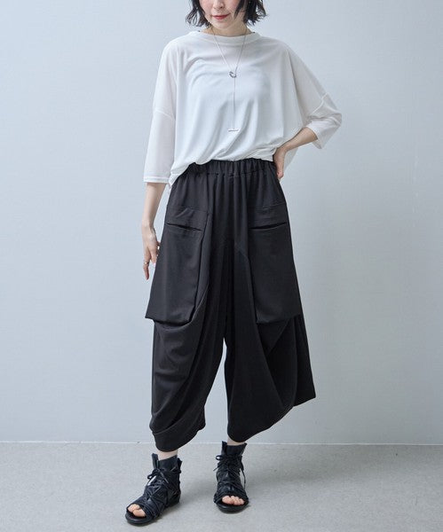 ワイドパンツ 綿混 ウエストゴム ギャザー リラックス ゆったり 体型カバー 秋 冬 M L