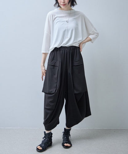 ワイドパンツ 綿混 ウエストゴム ギャザー リラックス ゆったり 体型カバー 秋 冬 M L