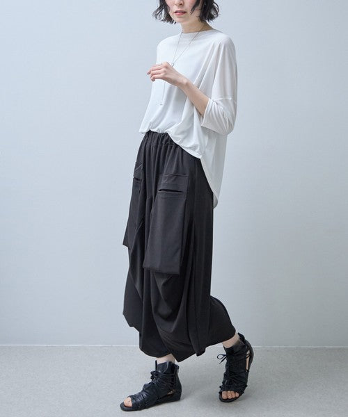 ワイドパンツ 綿混 ウエストゴム ギャザー リラックス ゆったり 体型カバー 秋 冬 M L