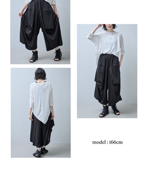 ワイドパンツ 綿混 ウエストゴム ギャザー リラックス ゆったり 体型カバー 秋 冬 M L