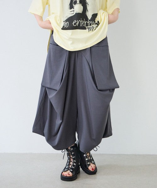 ワイドパンツ 綿混 ウエストゴム ギャザー リラックス ゆったり 体型カバー 秋 冬 M L