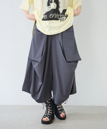 ワイドパンツ 綿混 ウエストゴム ギャザー リラックス ゆったり 体型カバー 秋 冬 M L