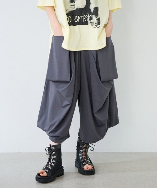 ワイドパンツ 綿混 ウエストゴム ギャザー リラックス ゆったり 体型カバー 秋 冬 M L