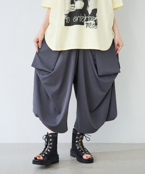 ワイドパンツ 綿混 ウエストゴム ギャザー リラックス ゆったり 体型カバー 秋 冬 M L