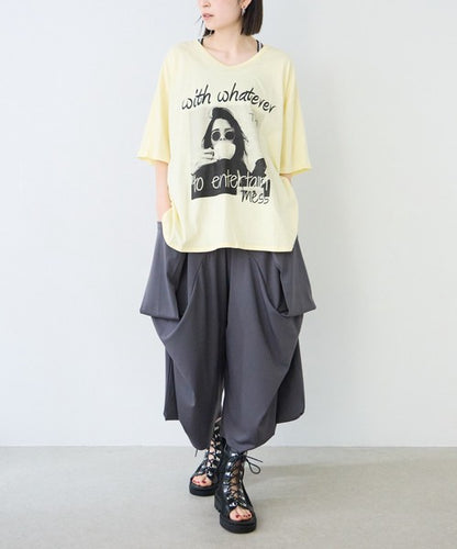 ワイドパンツ 綿混 ウエストゴム ギャザー リラックス ゆったり 体型カバー 秋 冬 M L
