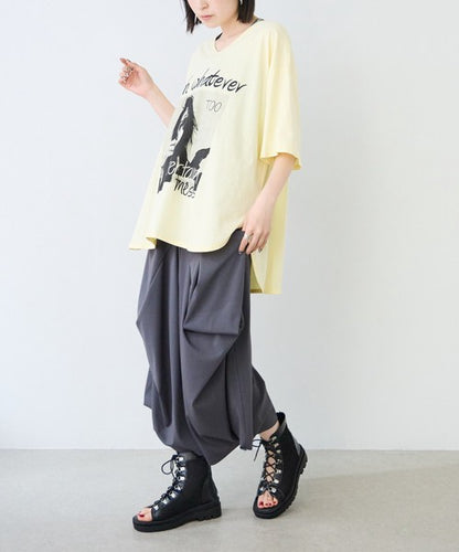 ワイドパンツ 綿混 ウエストゴム ギャザー リラックス ゆったり 体型カバー 秋 冬 M L