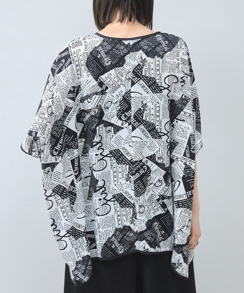モダン ペーパー柄 サテンパイピング BIG Tシャツ 半袖 五分袖 体型カバー