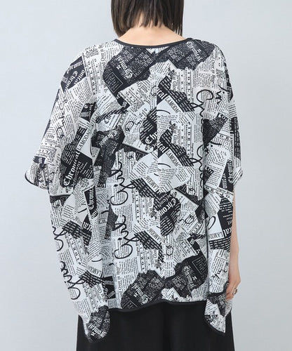 モダン ペーパー柄 サテンパイピング BIG Tシャツ 半袖 五分袖 体型カバー
