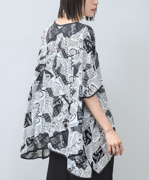 モダン ペーパー柄 サテンパイピング BIG Tシャツ 半袖 五分袖 体型カバー
