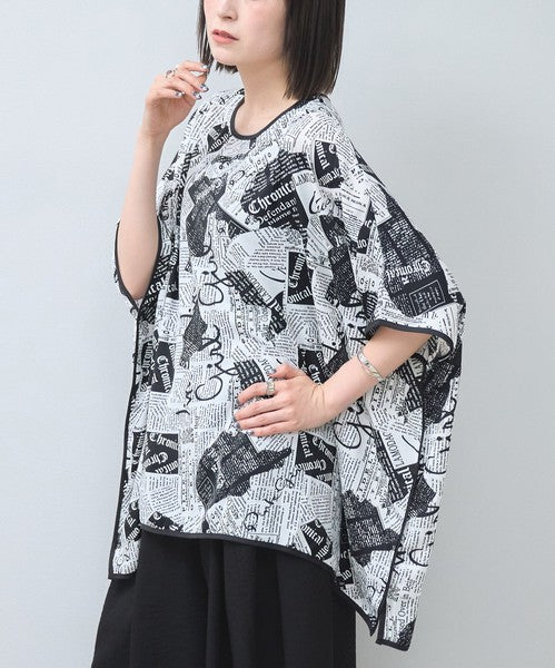 モダン ペーパー柄 サテンパイピング BIG Tシャツ 半袖 五分袖 体型カバー