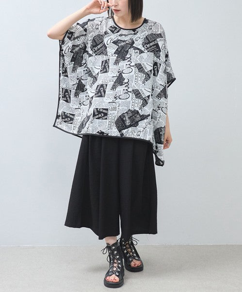 モダン ペーパー柄 サテンパイピング BIG Tシャツ 半袖 五分袖 体型カバー