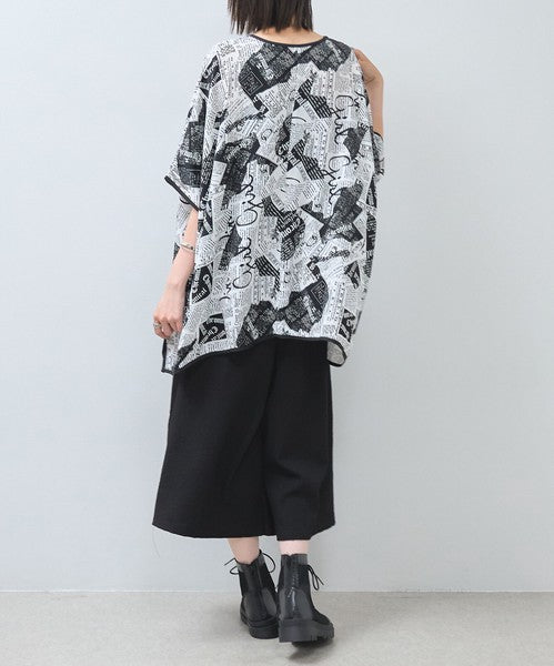 モダン ペーパー柄 サテンパイピング BIG Tシャツ 半袖 五分袖 体型カバー