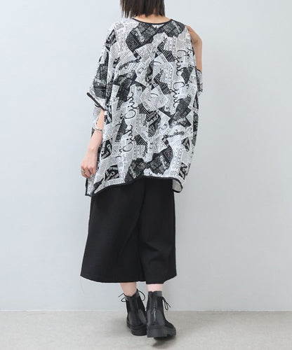 モダン ペーパー柄 サテンパイピング BIG Tシャツ 半袖 五分袖 体型カバー