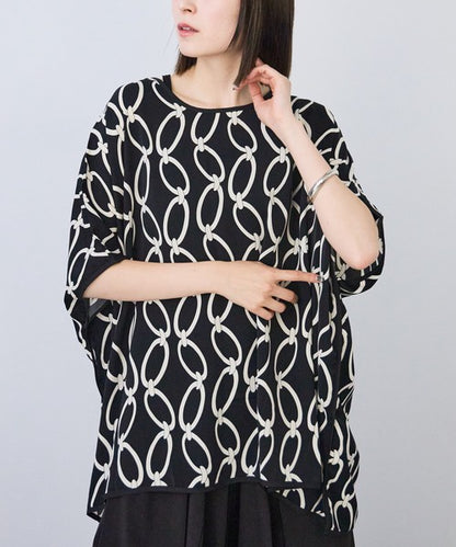 モダン チェーン柄 サテンパイピング BIG Tシャツ 半袖 五分袖 体型カバー