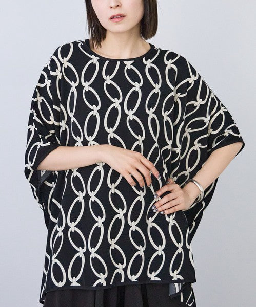 モダン チェーン柄 サテンパイピング BIG Tシャツ 半袖 五分袖 体型カバー