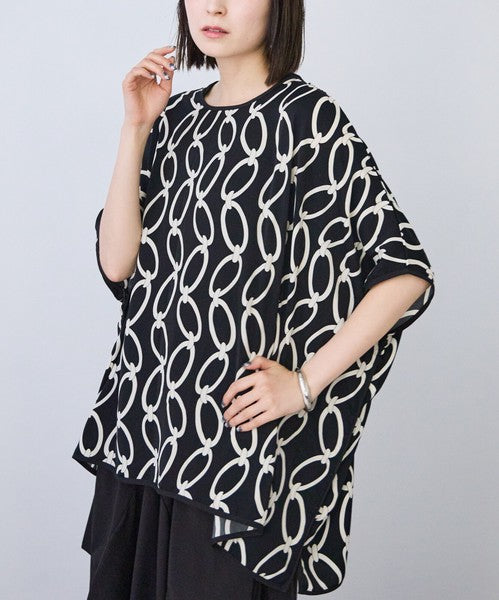 モダン チェーン柄 サテンパイピング BIG Tシャツ 半袖 五分袖 体型カバー