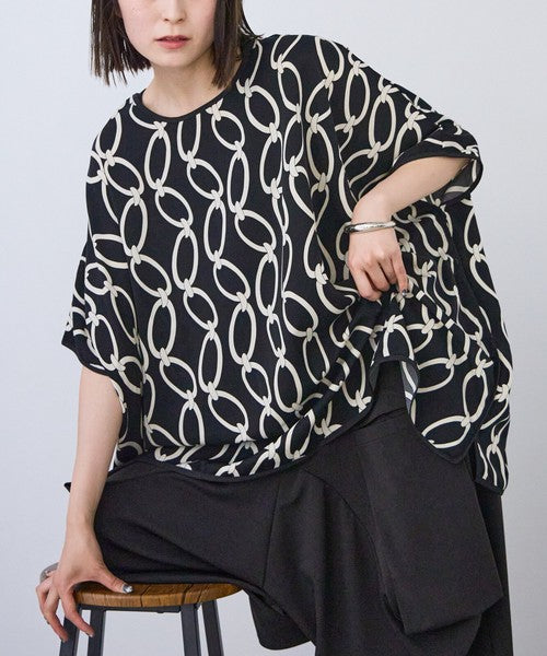 モダン チェーン柄 サテンパイピング BIG Tシャツ 半袖 五分袖 体型カバー