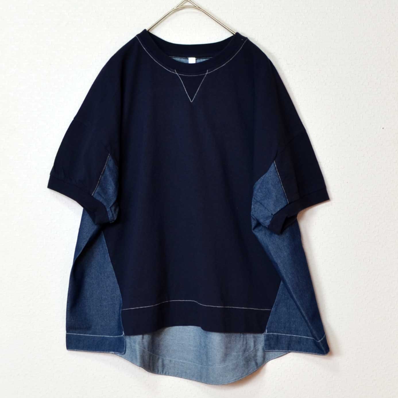 天竺 5.5ozデニム 異素材 ドッキング プルオーバー Tシャツ 半袖 ゆったり