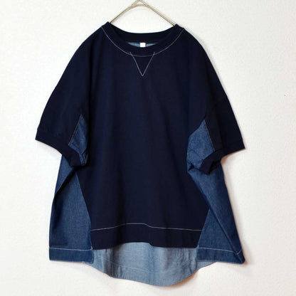 天竺 5.5ozデニム 異素材 ドッキング プルオーバー Tシャツ 半袖 ゆったり