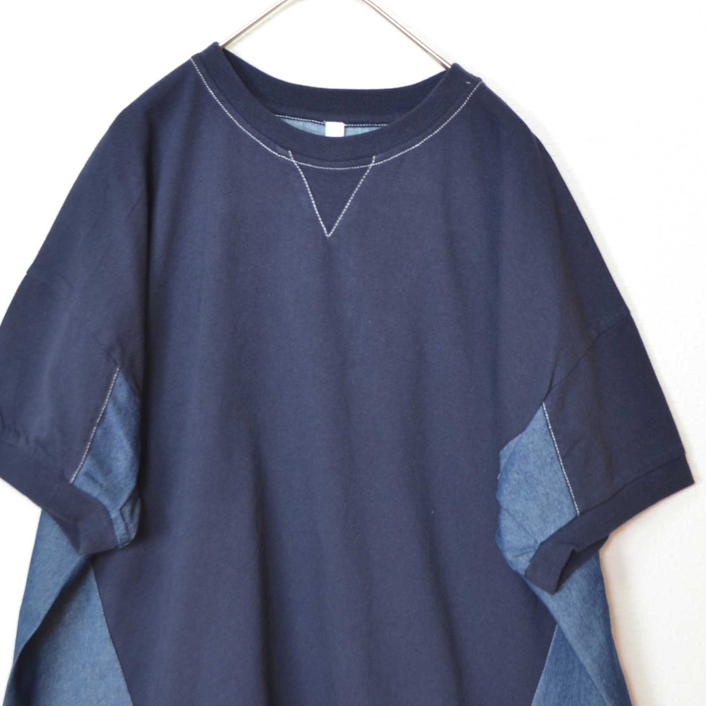 天竺 5.5ozデニム 異素材 ドッキング プルオーバー Tシャツ 半袖 ゆったり