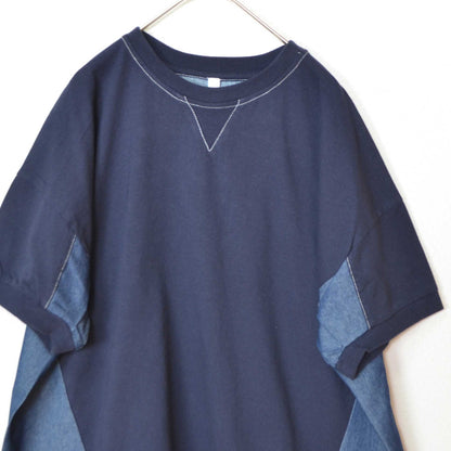 天竺 5.5ozデニム 異素材 ドッキング プルオーバー Tシャツ 半袖 ゆったり