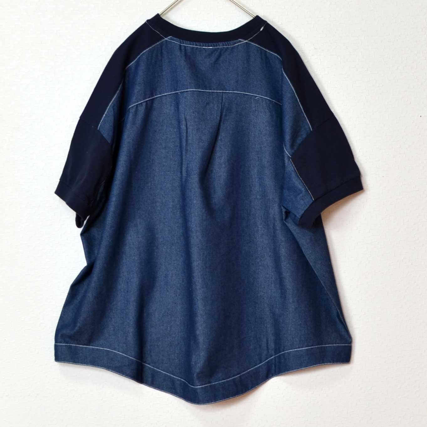 天竺 5.5ozデニム 異素材 ドッキング プルオーバー Tシャツ 半袖 ゆったり