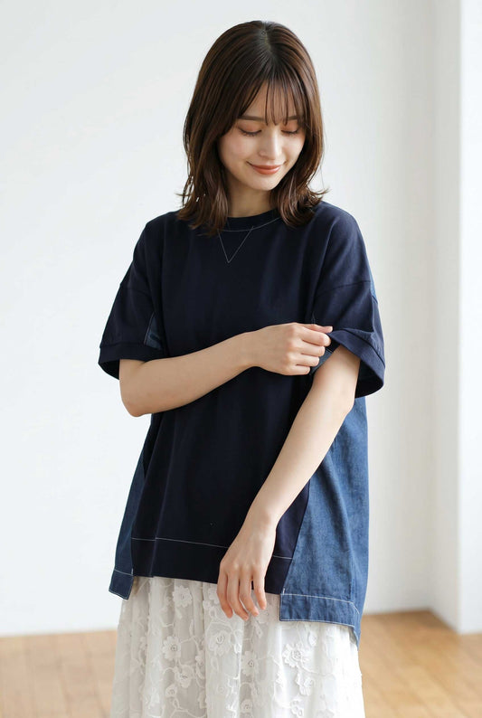 天竺 5.5ozデニム 異素材 ドッキング プルオーバー Tシャツ 半袖 ゆったり