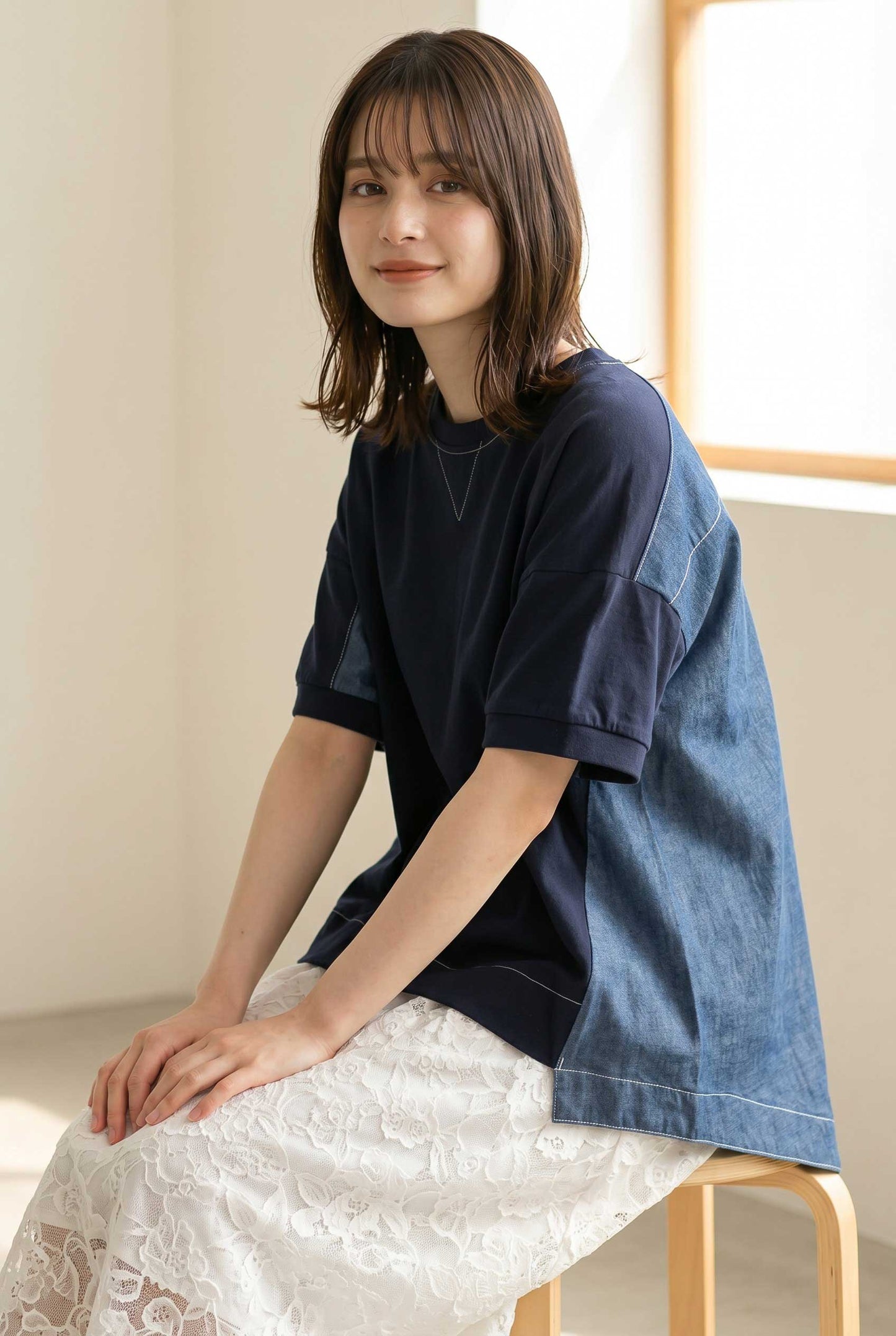 天竺 5.5ozデニム 異素材 ドッキング プルオーバー Tシャツ 半袖 ゆったり