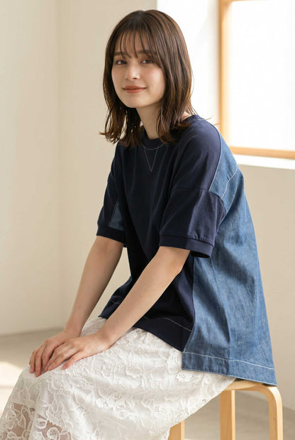 天竺 5.5ozデニム 異素材 ドッキング プルオーバー Tシャツ 半袖 ゆったり