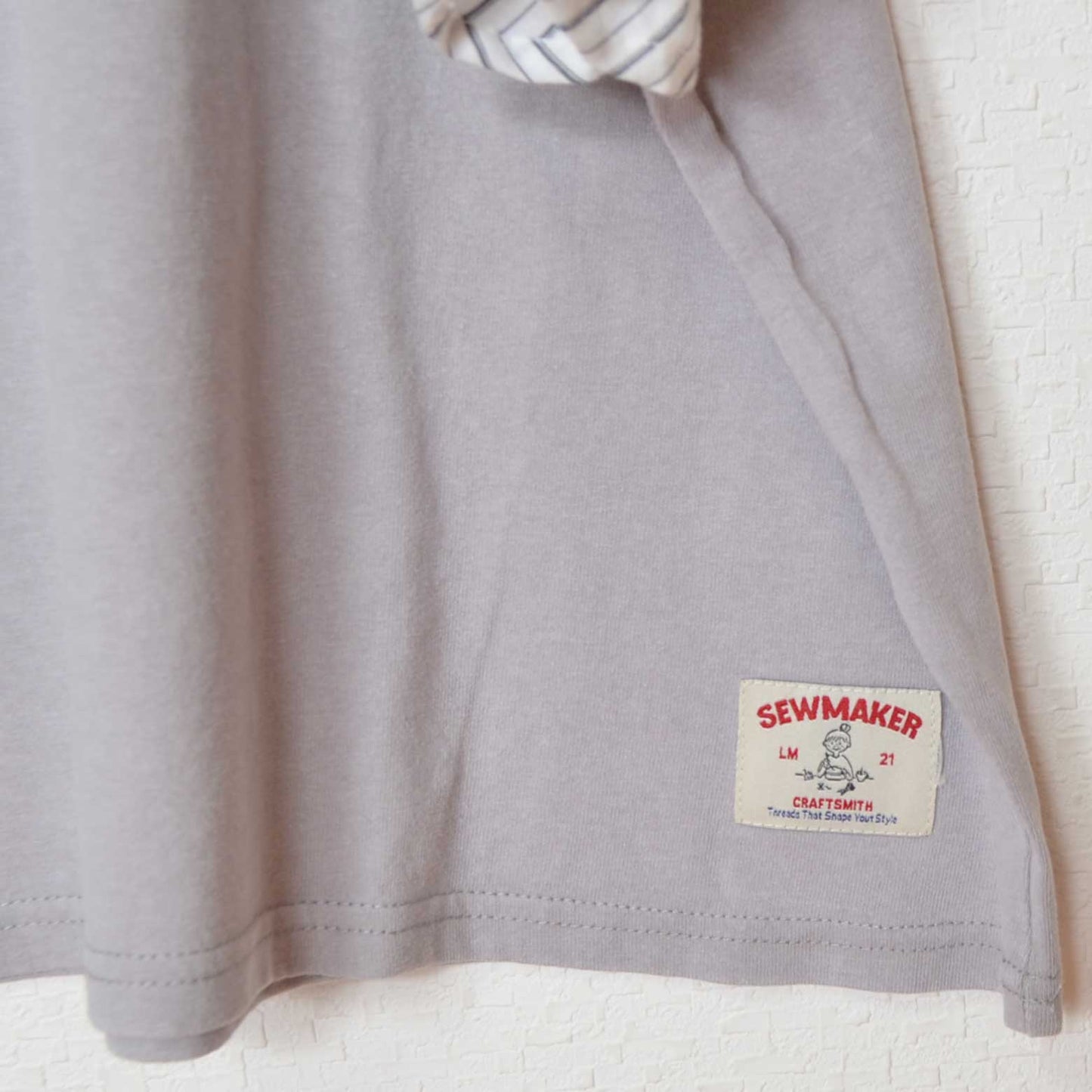 18SOE天竺 ケミカル加工 ストライプ フリル袖 カレッジ Tシャツ 半袖 綿100%