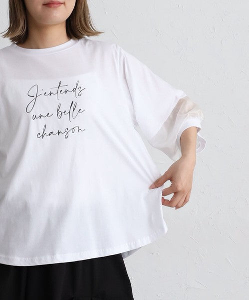 接触冷感 袖シースルー 切替 ラウンド裾 Tシャツ 英字ロゴ パフスリーブ 半袖 綿100% ゆったり 体型カバー 大人可愛い