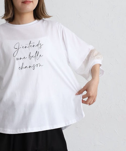 接触冷感 袖シースルー 切替 ラウンド裾 Tシャツ 英字ロゴ パフスリーブ 半袖 綿100% ゆったり 体型カバー 大人可愛い
