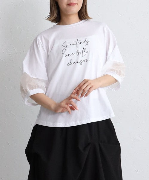 接触冷感 袖シースルー 切替 ラウンド裾 Tシャツ 英字ロゴ パフスリーブ 半袖 綿100% ゆったり 体型カバー 大人可愛い