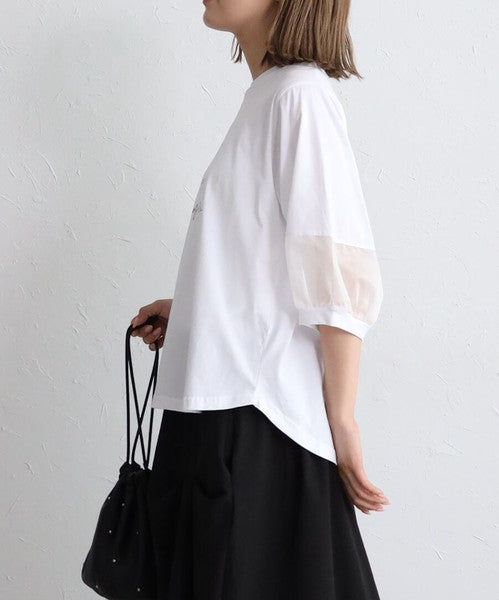接触冷感 袖シースルー 切替 ラウンド裾 Tシャツ 英字ロゴ パフスリーブ 半袖 綿100% ゆったり 体型カバー 大人可愛い