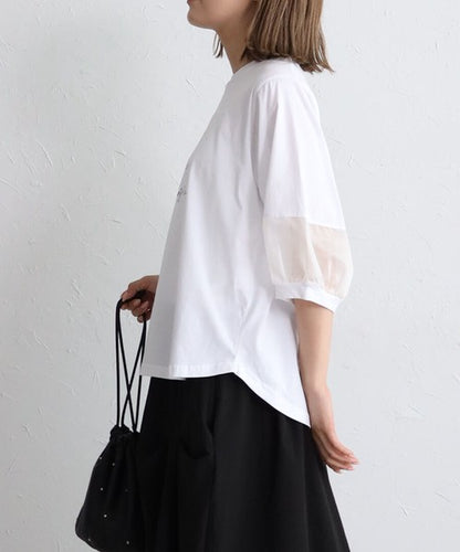 接触冷感 袖シースルー 切替 ラウンド裾 Tシャツ 英字ロゴ パフスリーブ 半袖 綿100% ゆったり 体型カバー 大人可愛い