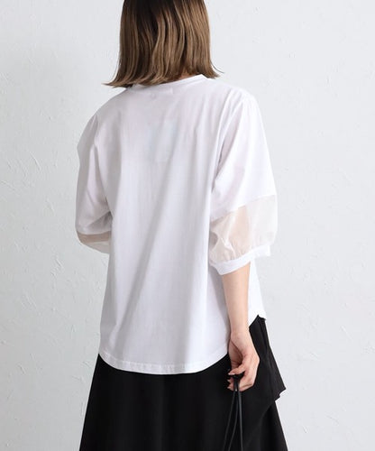 接触冷感 袖シースルー 切替 ラウンド裾 Tシャツ 英字ロゴ パフスリーブ 半袖 綿100% ゆったり 体型カバー 大人可愛い