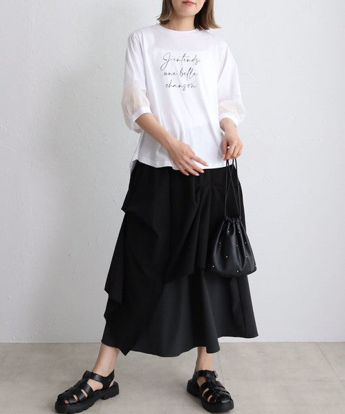 接触冷感 袖シースルー 切替 ラウンド裾 Tシャツ 英字ロゴ パフスリーブ 半袖 綿100% ゆったり 体型カバー 大人可愛い