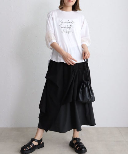 接触冷感 袖シースルー 切替 ラウンド裾 Tシャツ 英字ロゴ パフスリーブ 半袖 綿100% ゆったり 体型カバー 大人可愛い