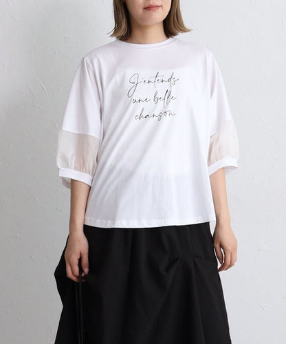 接触冷感 袖シースルー 切替 ラウンド裾 Tシャツ 英字ロゴ パフスリーブ 半袖 綿100% ゆったり 体型カバー 大人可愛い
