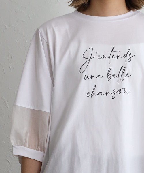 接触冷感 袖シースルー 切替 ラウンド裾 Tシャツ 英字ロゴ パフスリーブ 半袖 綿100% ゆったり 体型カバー 大人可愛い