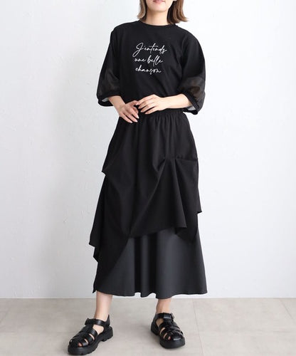 接触冷感 袖シースルー 切替 ラウンド裾 Tシャツ 英字ロゴ パフスリーブ 半袖 綿100% ゆったり 体型カバー 大人可愛い